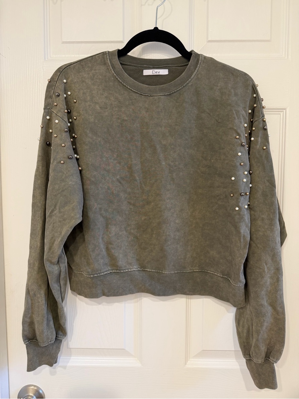 Dex Olive Pearl-Embellished Crew Sweatshirt